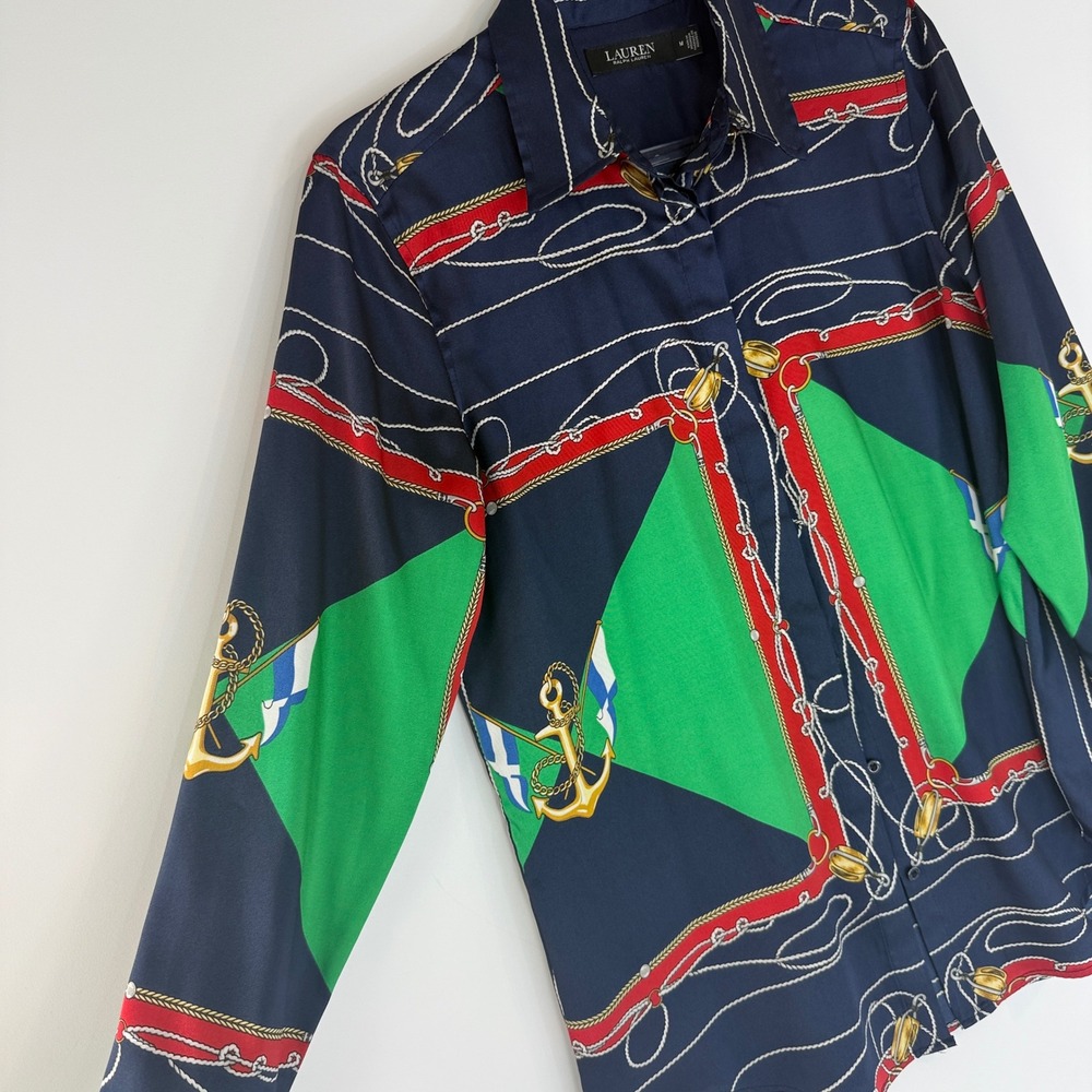 Lauren Ralph Lauren Button Down Women M Navy Nautical Scarf Print Anchor Shirt - Picture 2 of 11